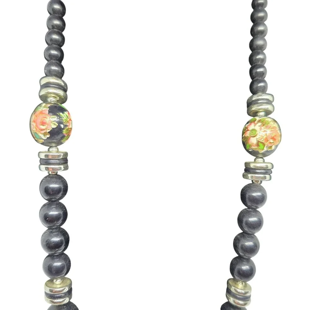 Vintage Black Beaded Cloisonné Floral Necklace Gold Tone Spacers Statement 24